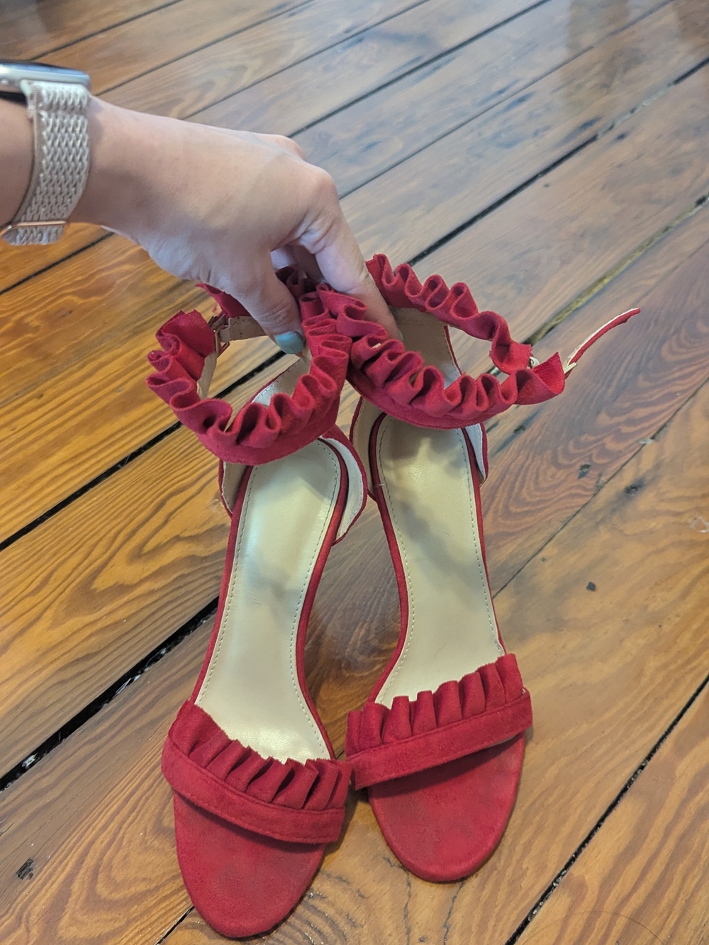 Women’s Red Ruffle Ankle-Strap Heels
